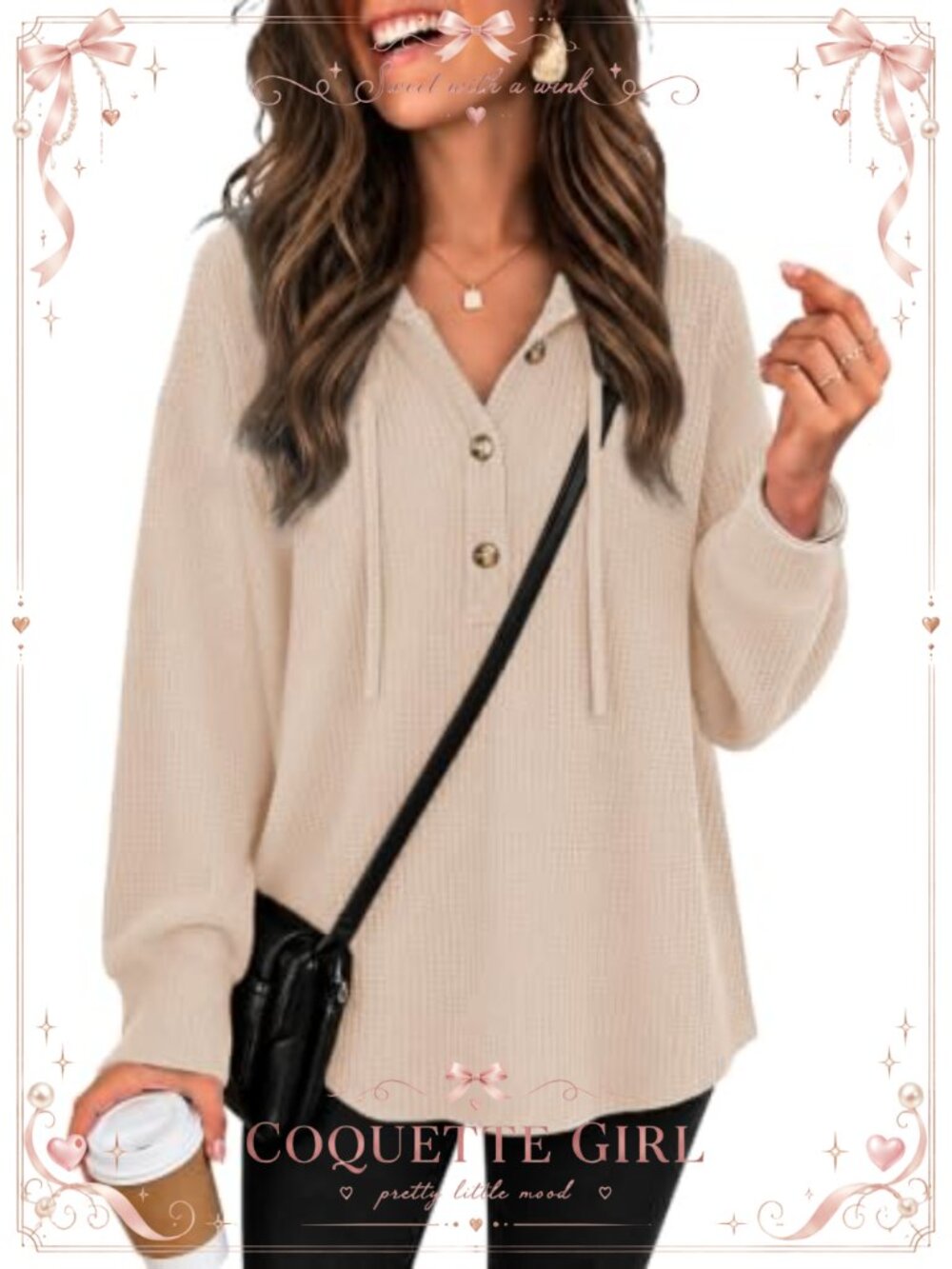 Womens Waffle Knit Hoodie Tunic V-Neck Drawstring A-Line Long Sleeve Sweatshirt